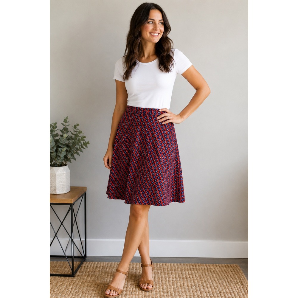 LuLaRoe Azure Skirt Medium‎ Red Blue Geometric Diamond Print A-Line Knee Length